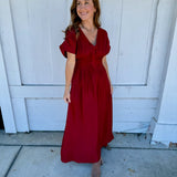 Deep Ruby Pleated V-neck Maxi Dress