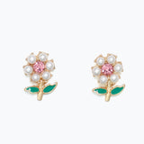 Earrings-Pearl & Pink Crystal Flowe