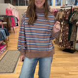 Striped Mock Neck Balloon Sleeve Knit Top