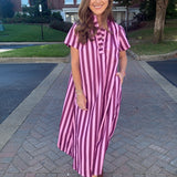 The Serena Stand High Neck Stripe Midi Dress