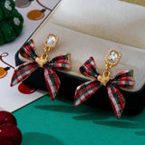 Tartan Plaid Bow & Pearl Crystal Drop Earrings