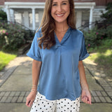 Honey Hollow Satin V-Neck Placket Cuffs Sleeve Top