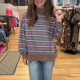 Striped Mock Neck Balloon Sleeve Knit Top
