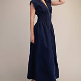 Cap-Sleeve Smocked Front-Zip Jumpsuit