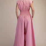 Cap-Sleeve Smocked Front-Zip Jumpsuit