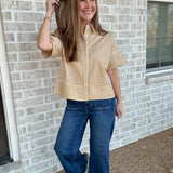 Neck Band Short Sleeve Button Down Top