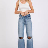 ON THE TOWN HIGH RISE STRETCH SLIM WIDE LEG W/ DESTROYED HEM