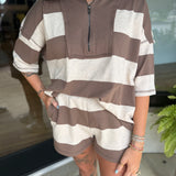 French terry striped half zip high neck top & shorts set