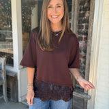 Brown Lace Trim Top