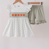 Sage Pumpkin Embroidery Bow Ruffle Shorts Set