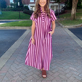 The Serena Stand High Neck Stripe Midi Dress
