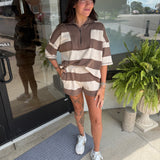 French terry striped half zip high neck top & shorts set