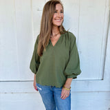 Olive Scalloped Trim Balloon Sleeve Blouse