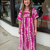 Printed Short Puff Sleeve Midi Dress with a Smocked Front Yoke