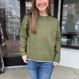 Olive Pearl Trim Knit Sweater