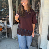 Brown Lace Trim Top