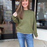 Olive Pearl Trim Knit Sweater