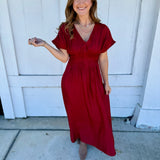 Deep Ruby Pleated V-neck Maxi Dress