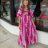 Printed Short Puff Sleeve Midi Dress with a Smocked Front Yoke