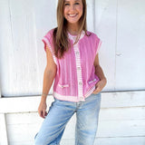 Round Neck Sleeveless Button Down Stripe Vest Sweater