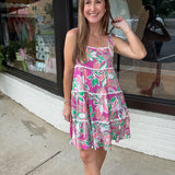 PRINT TIERED SCALLOP TRIM FLORAL MINI DRESS