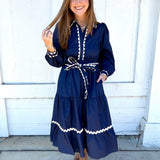 Navy Scallop Trim Midi Dress