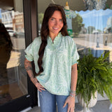 Striped and Embroidered V-Neck Dolman Sleeve Top