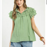 Sage Crinkled Ruffle Tie-Front Top