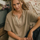 Washed Split Neck Raw Edge Short Sleeve Knit Top