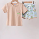 Khaki Puppy Embroidered Shorts Set