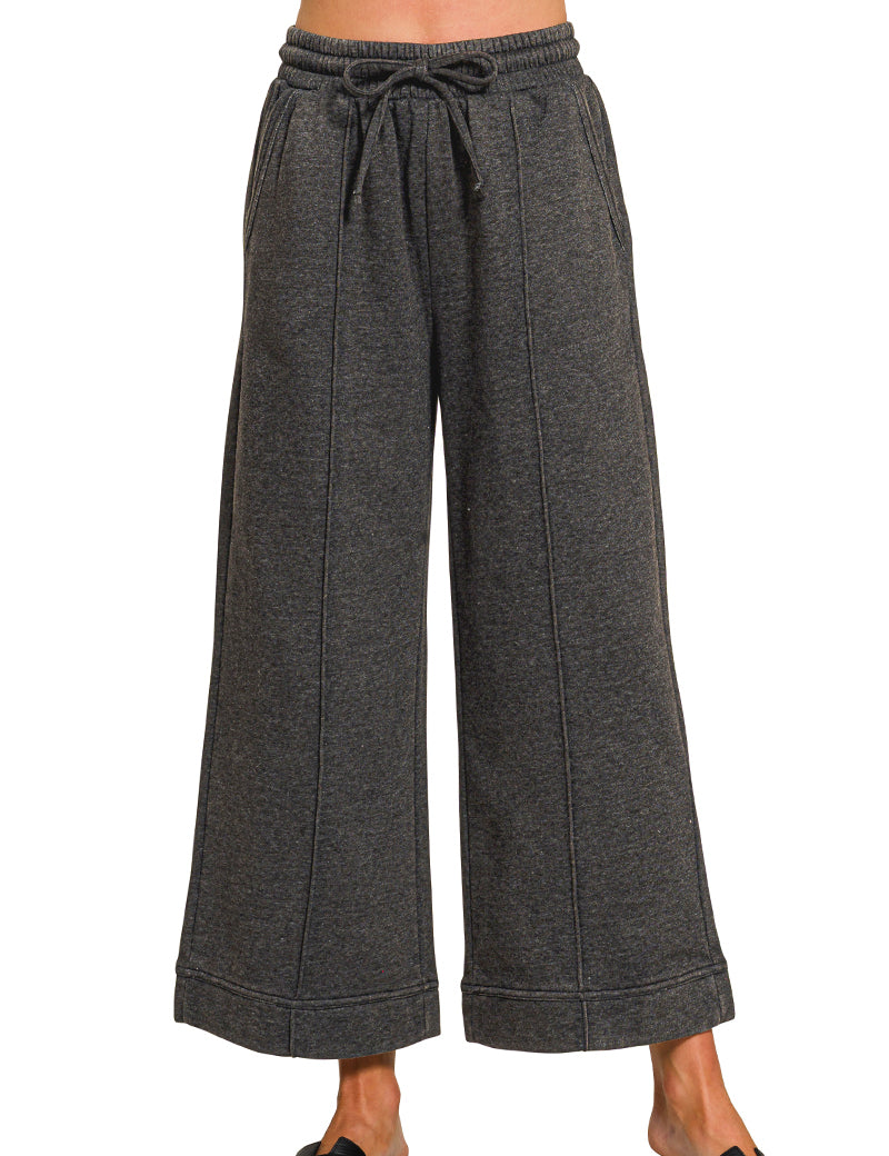 Acid Washed Fleece Pintuck Wide Leg Cropped Pants