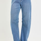 Slouchy Crop Barrel Textured Jeans - Medium Wash