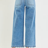 Risen High Rise Crop Wide Leg Jeans with Scallop Patch Pockets - Stretchy