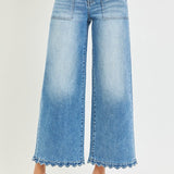 Risen High Rise Crop Wide Leg Jeans with Scallop Patch Pockets - Stretchy