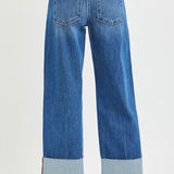 4 Way Stretchy Mid Rise Cropped Straight Jeans with Cuffed Hem