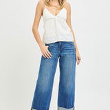 4 Way Stretchy Mid Rise Cropped Straight Jeans with Cuffed Hem