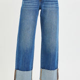 4 Way Stretchy Mid Rise Cropped Straight Jeans with Cuffed Hem