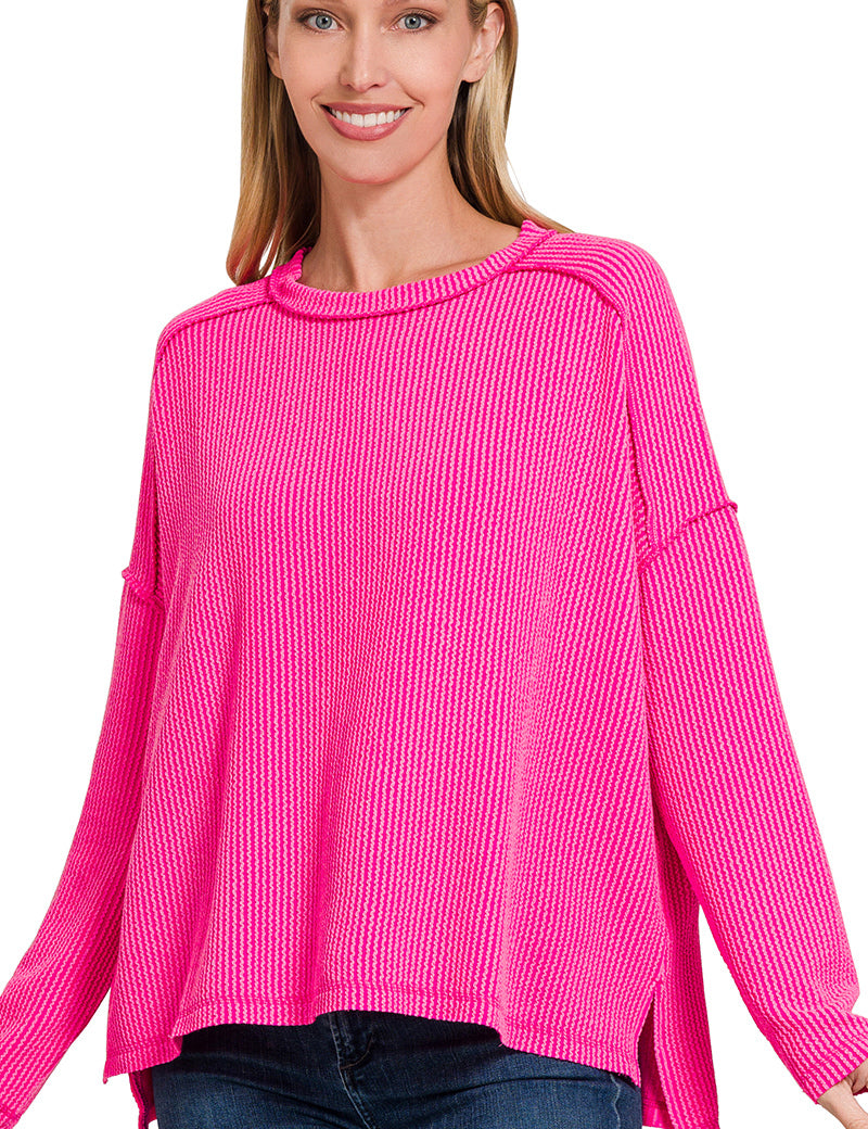 Raised Rib Raw Edge Boat Neck Long Sleeve Top