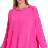 Raised Rib Raw Edge Boat Neck Long Sleeve Top