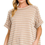 Raised rib striped exposed seam top