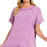 Washed ribbed cuffed short sleeve round neck top