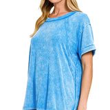 Washed ribbed cuffed short sleeve round neck top