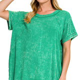 Washed ribbed cuffed short sleeve round neck top