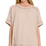 Raised rib cuff sleeve raw edge top