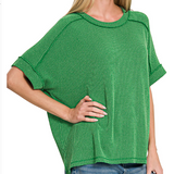 Raised rib cuff sleeve raw edge top