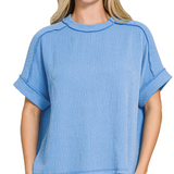 Raised rib cuff sleeve raw edge top