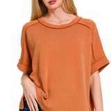 Raised rib cuff sleeve raw edge top