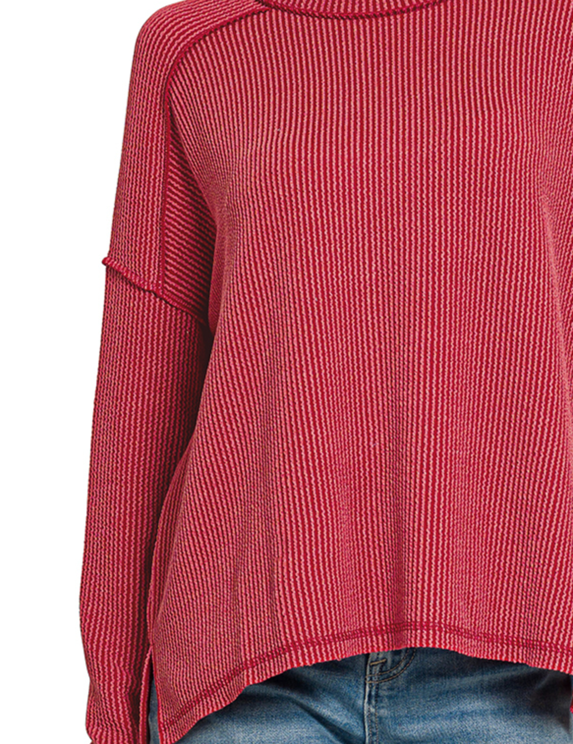 Raised Rib Raw Edge Boat Neck Long Sleeve Top