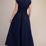 Cap-Sleeve Smocked Front-Zip Jumpsuit