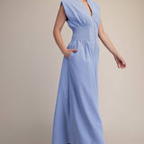 Cap-Sleeve Smocked Front-Zip Jumpsuit